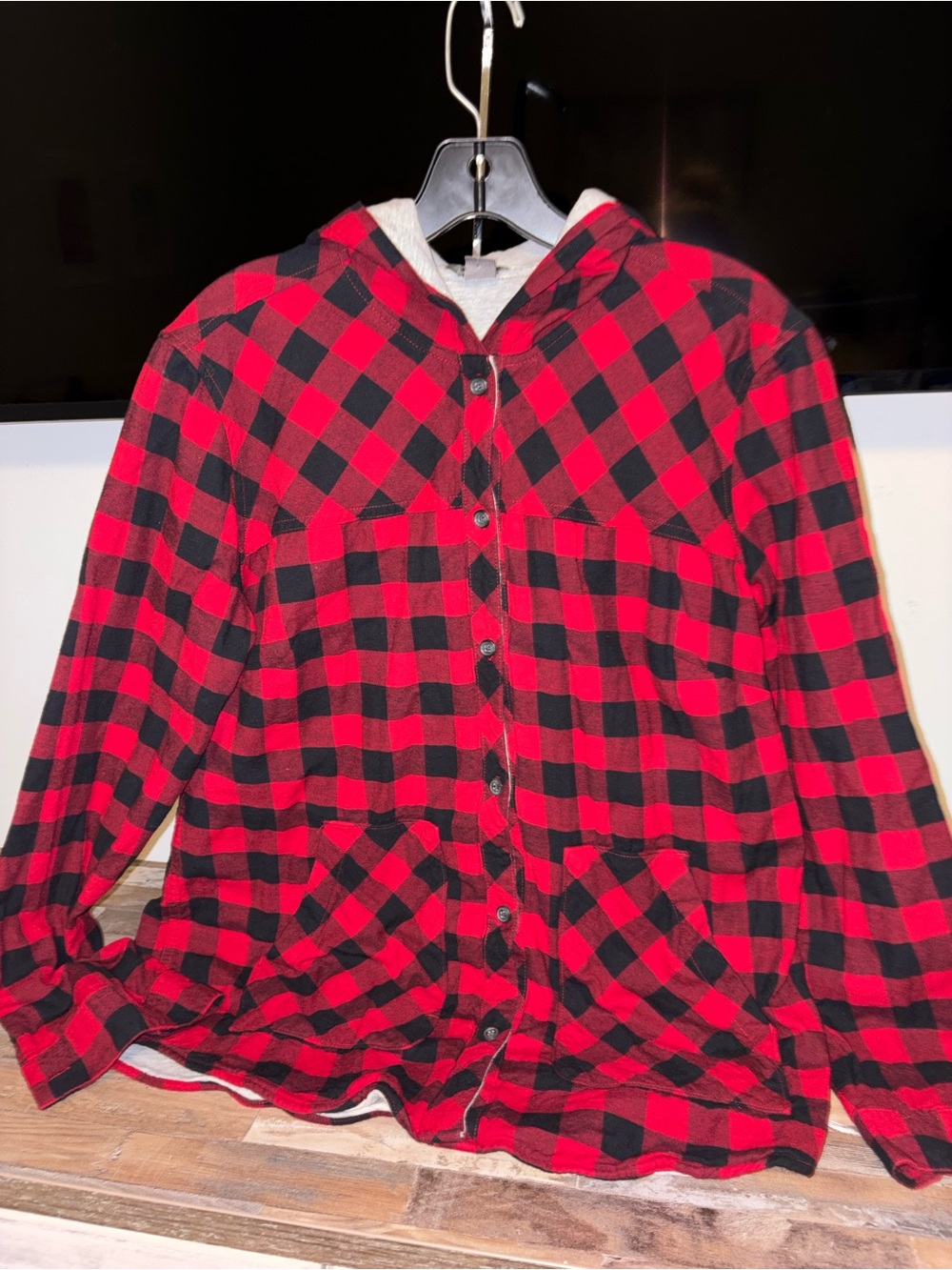 Eddie Bauer Red and Black Plaid Hooded Button-Up Shirt
